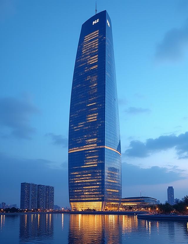 The exterior of a modern skyscraper at dusk, with dynamic facade lighting.